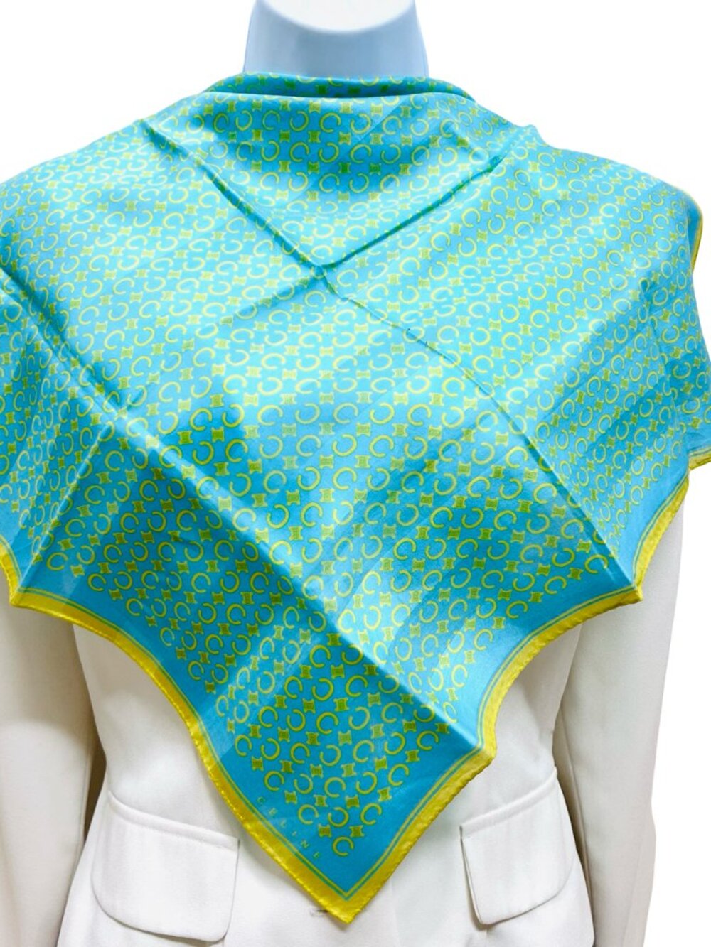 New Celine Paris Mini Scarf 19.5" Cotton/Silk Teal Blue Green Gold Logo "C" (88 - Picture 9 of 9